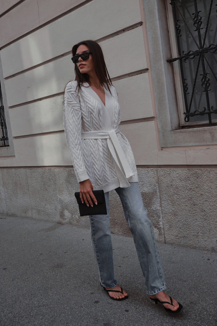 Knitted long herringbone line cardigan