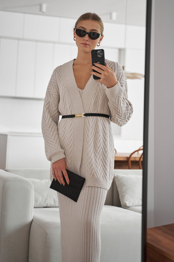 Knitted long herringbone line cardigan