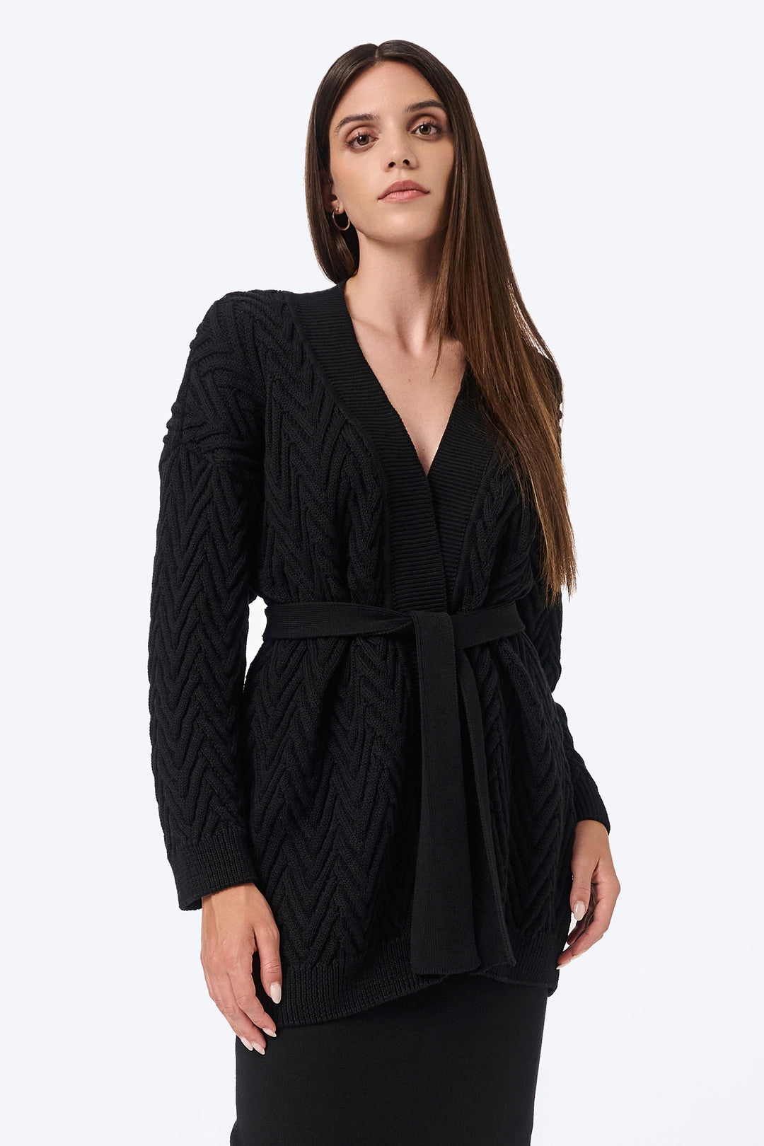 Knitted long herringbone line cardigan