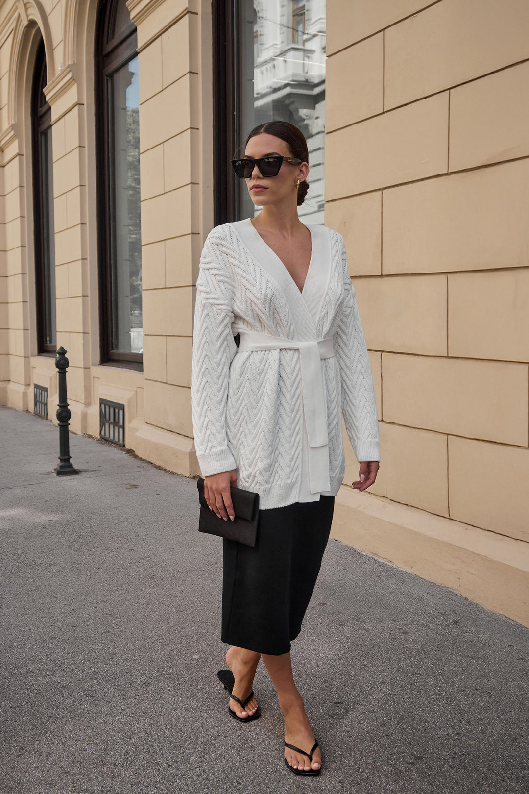 Knitted long herringbone line cardigan