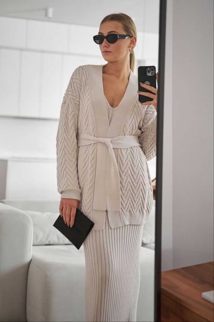 Knitted long herringbone line cardigan